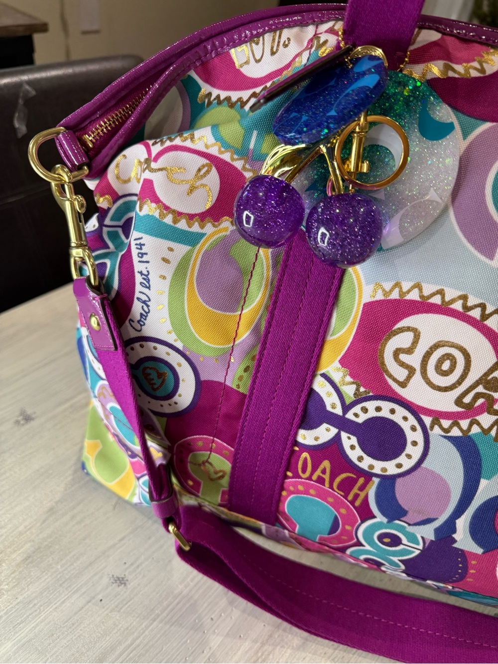 Coach Multicolor Poppy Graffiti Signature Weekend Tote with Fuchsia Straps-NWOT - Picture 6 of 16